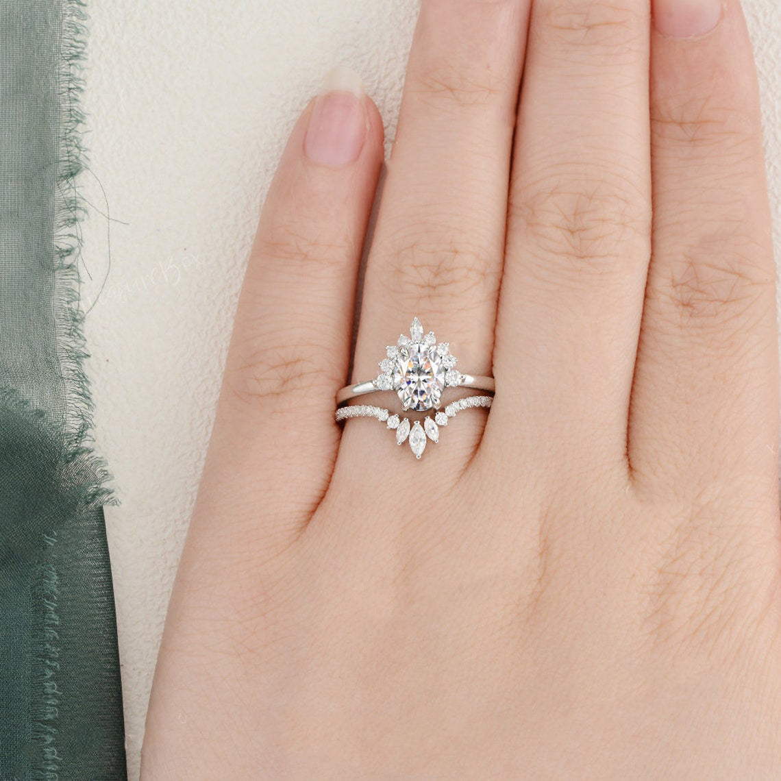 1.50 CT Oval Cut Cluster Art Deco Moissanite Bridal Ring Set