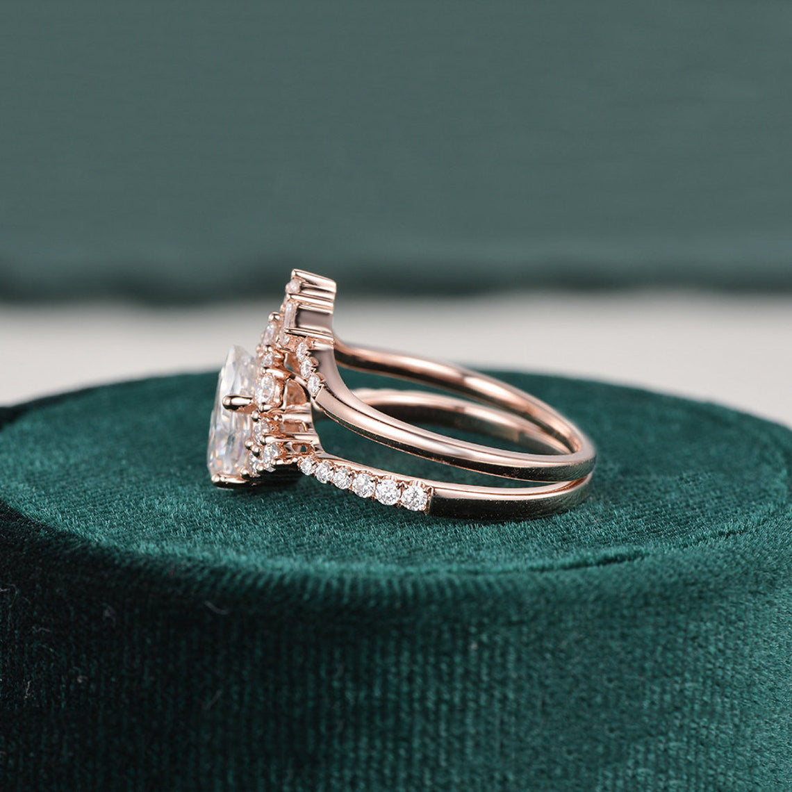 1.50 CT Pear Cut Cluster Art Deco Moissanite Bridal Ring Set