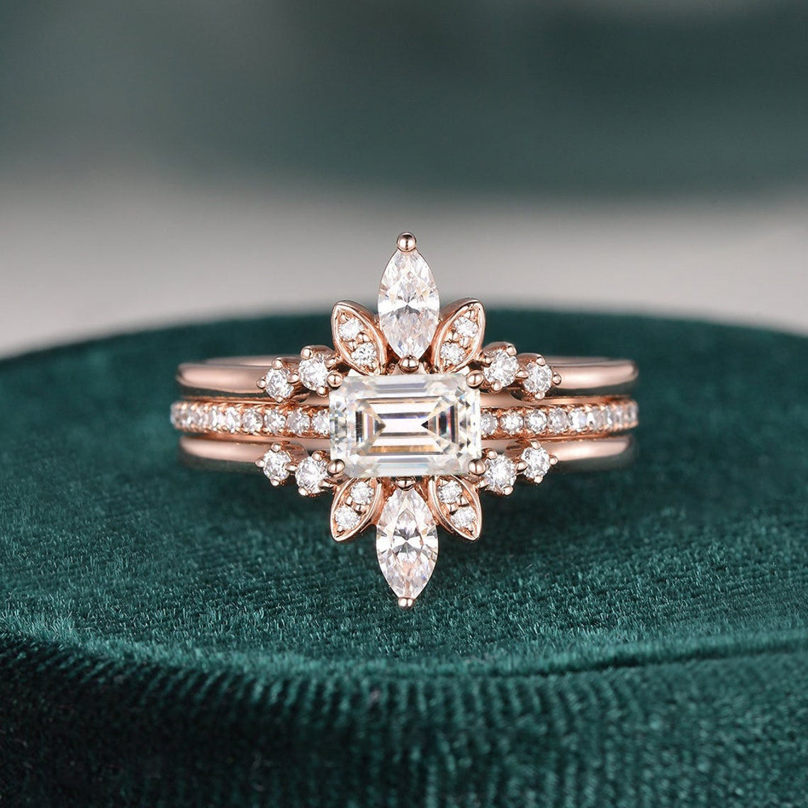 2.0 CT Emerald Cut Solitaire Pave Setting Moissanite Bridal Ring Set