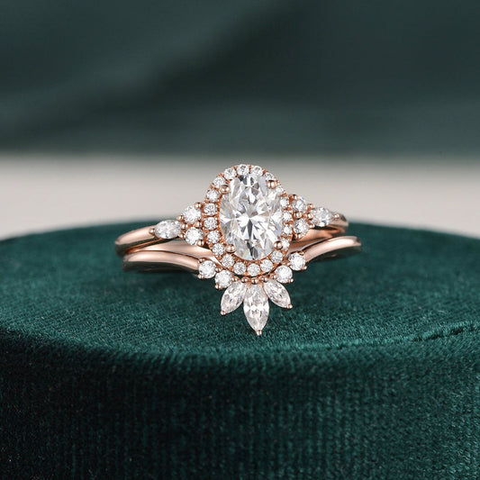 2.0 CT Oval Cut Cluster Halo Moissanite Bridal Ring Set