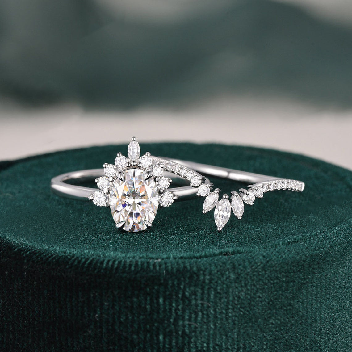 1.50 CT Oval Cut Cluster Art Deco Moissanite Bridal Ring Set