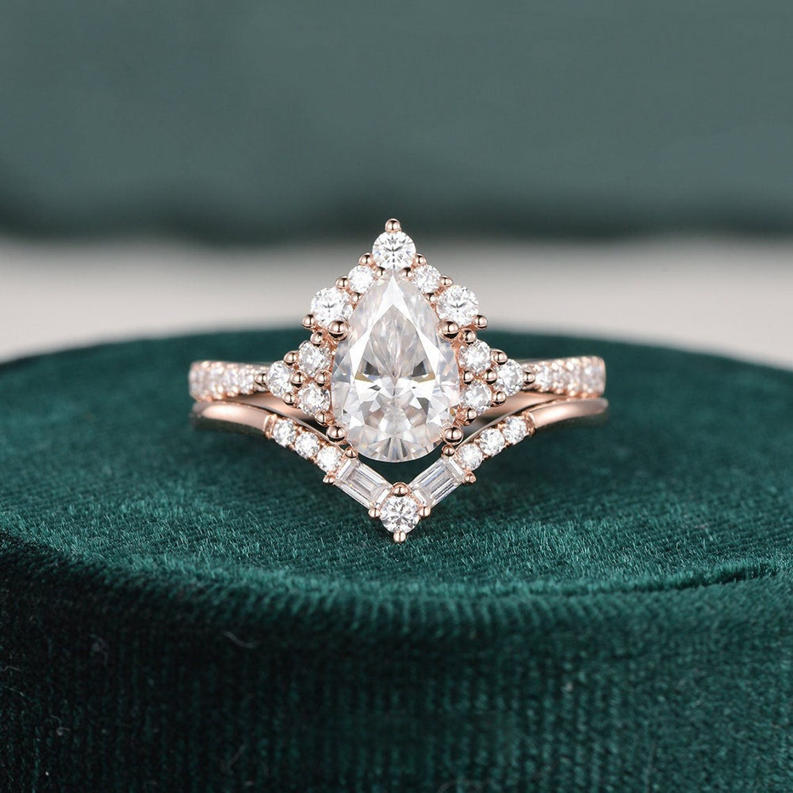 1.50 CT Pear Cut Cluster Art Deco Moissanite Bridal Ring Set