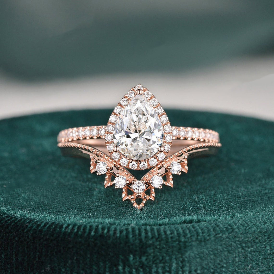 1.50 CT Pear Cut Halo Moissanite Bridal Ring Set