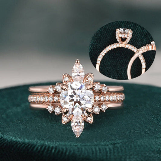 1.0 CT Round Cut Hidden Halo Moissanite Bridal Ring Set