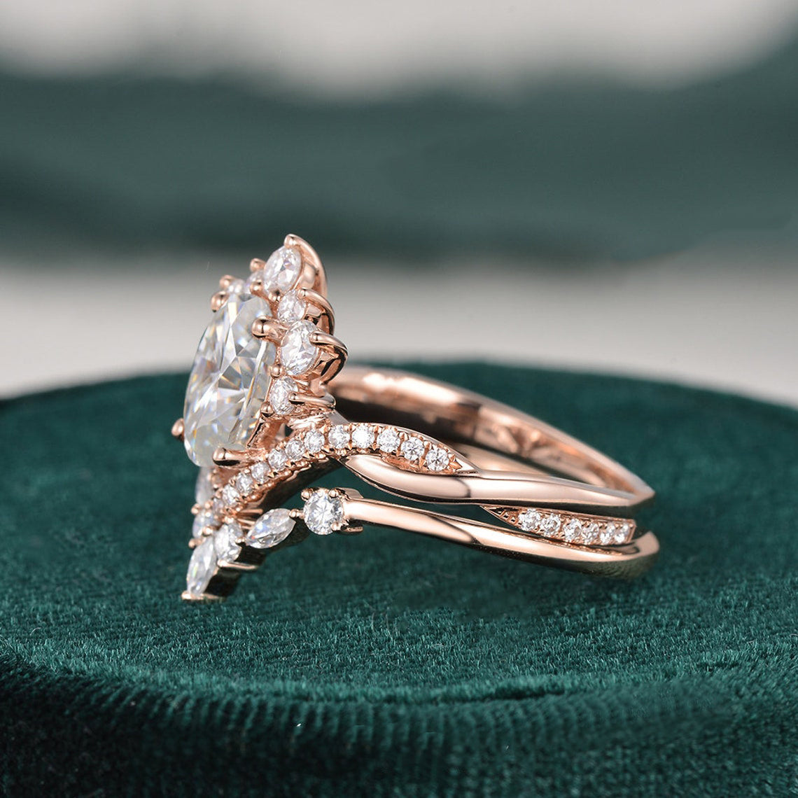 1.50 CT Oval Cut Twisted Art Deco Moissanite Bridal Ring Set