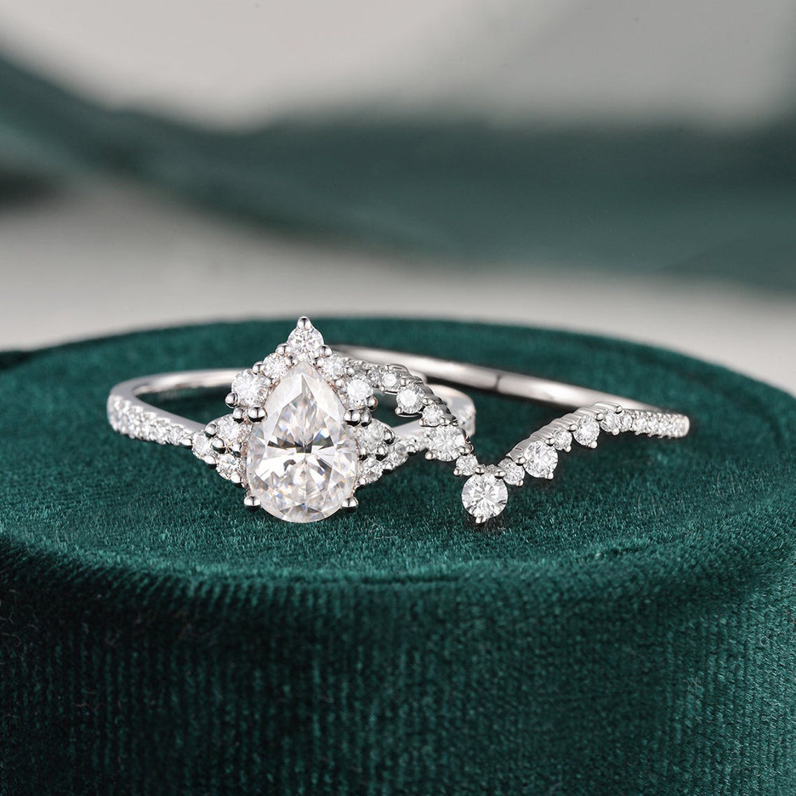 1.50 CT Pear Cut Cluster Moissanite Bridal Ring Set