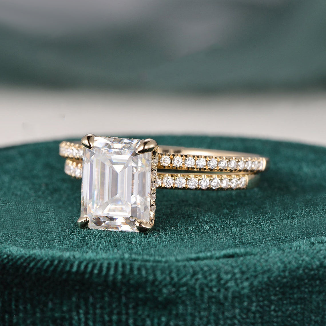 1.50 CT Emerald Cut Hidden Halo Moissanite Bridal Ring Set