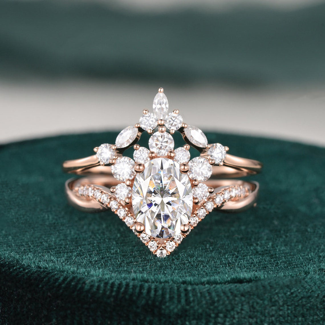 1.50 CT Oval Cut Art Deco Moissanite Bridal Ring Set