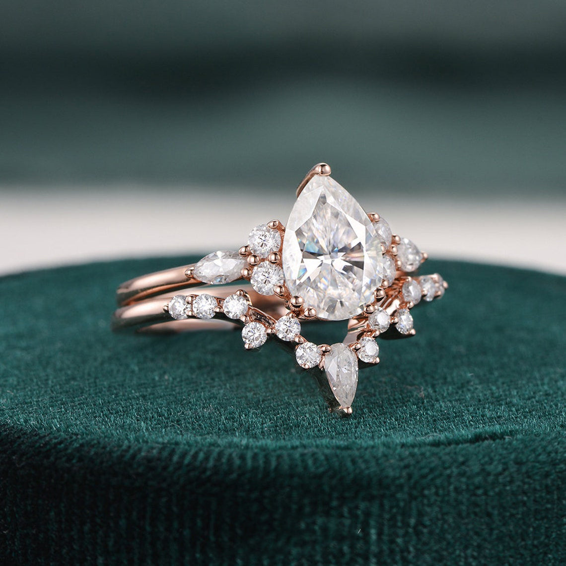 1.50 CT Pear Cut Cluster Moissanite Bridal Ring Set