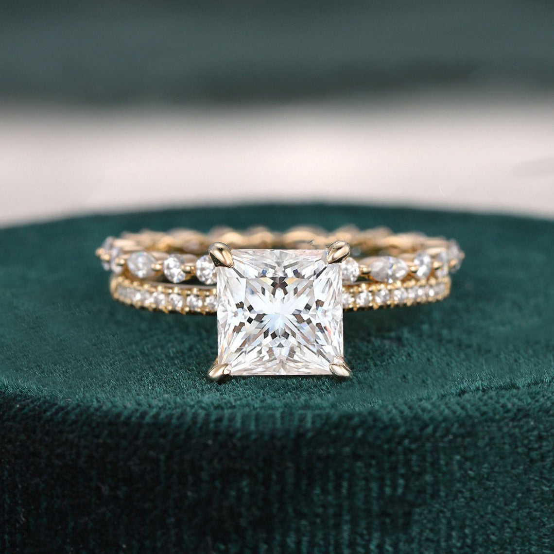 2.0 CT Princess Cut Solitaire Moissanite Bridal Ring Set