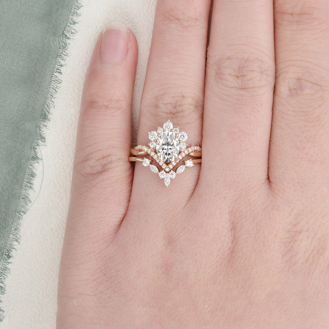 1.50 CT Oval Cut Art Deco Moissanite Bridal Ring Set