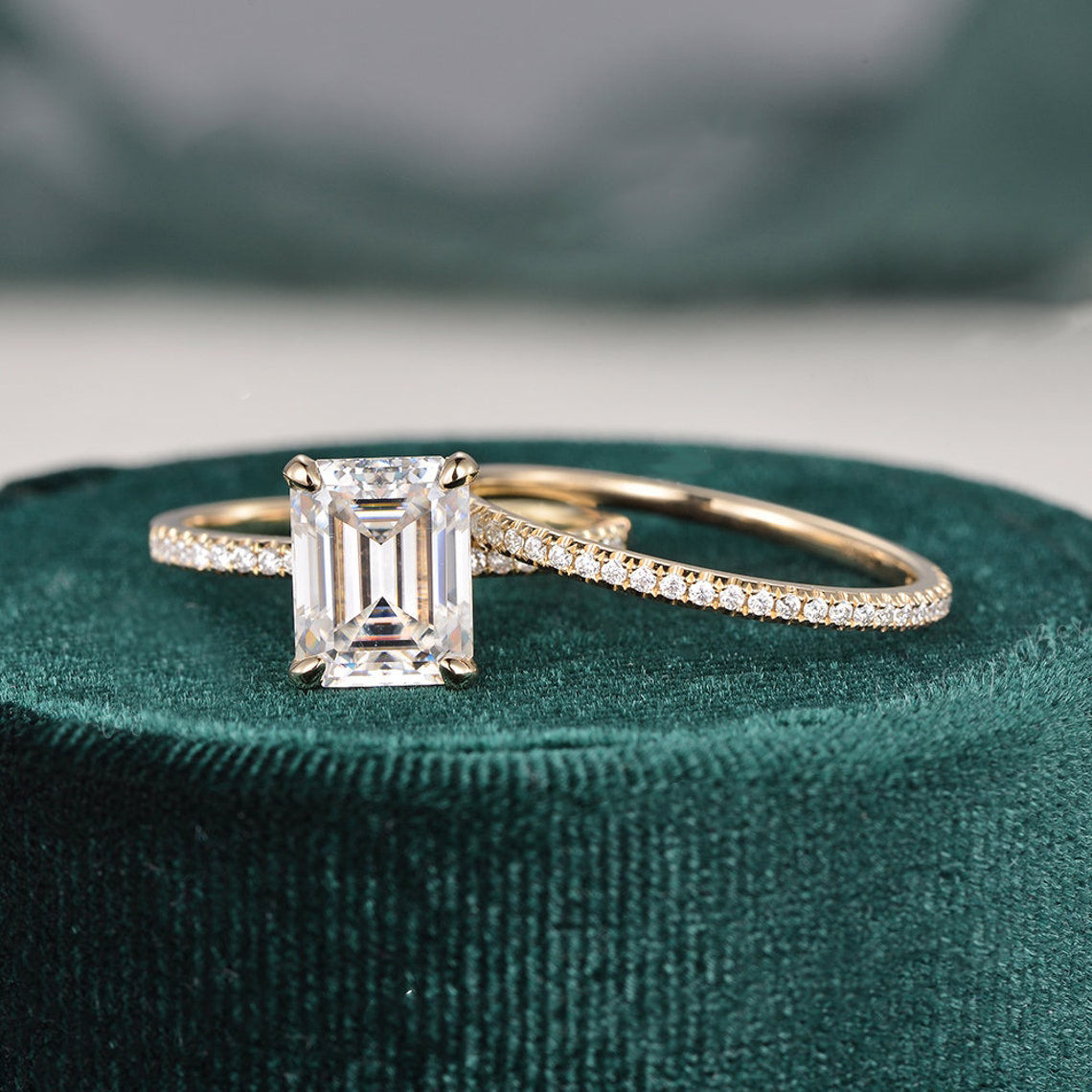 1.50 CT Emerald Cut Hidden Halo Moissanite Bridal Ring Set