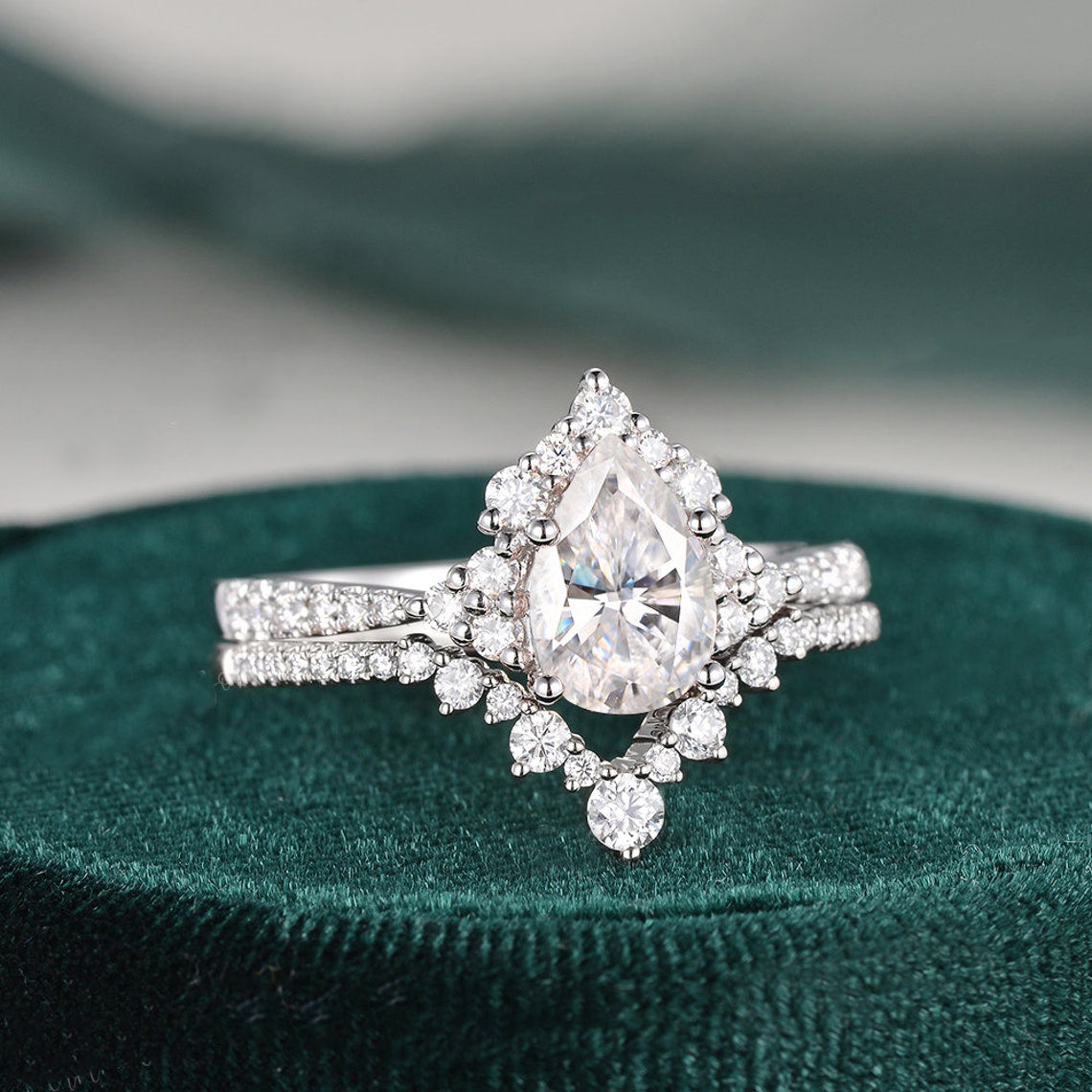 1.50 CT Pear Cut Cluster Moissanite Bridal Ring Set