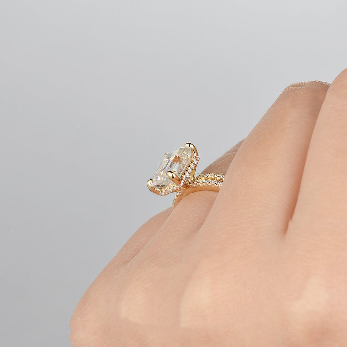 1.50 CT Emerald Cut Hidden Halo Moissanite Bridal Ring Set