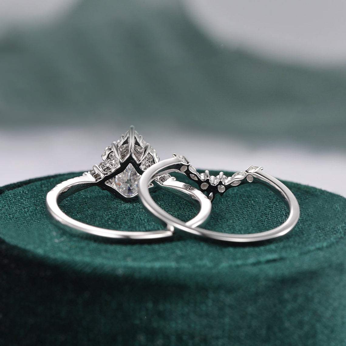 1.50 CT Pear Cut Cluster Art Deco Moissanite Bridal Ring Set