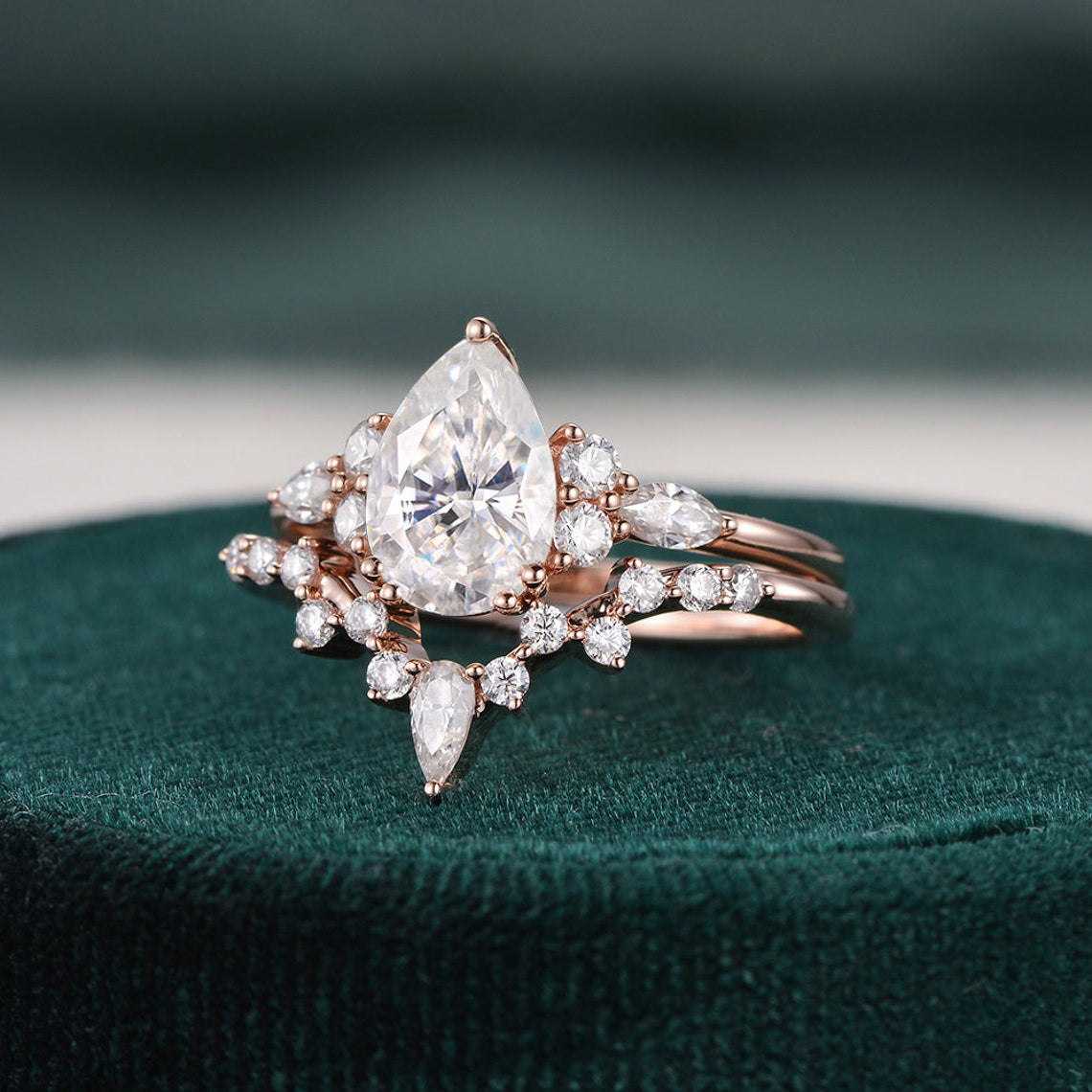 1.50 CT Pear Cut Cluster Moissanite Bridal Ring Set