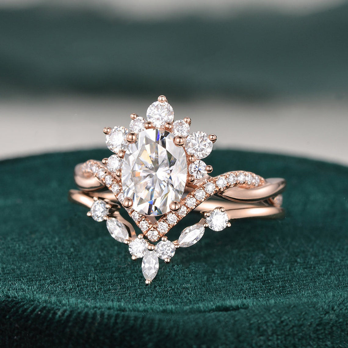 1.50 CT Oval Cut Art Deco Moissanite Bridal Ring Set