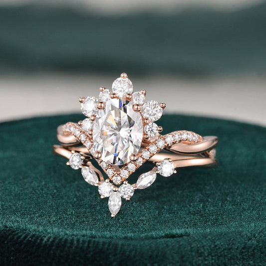 1.50 CT Oval Cut Art Deco Moissanite Bridal Ring Set