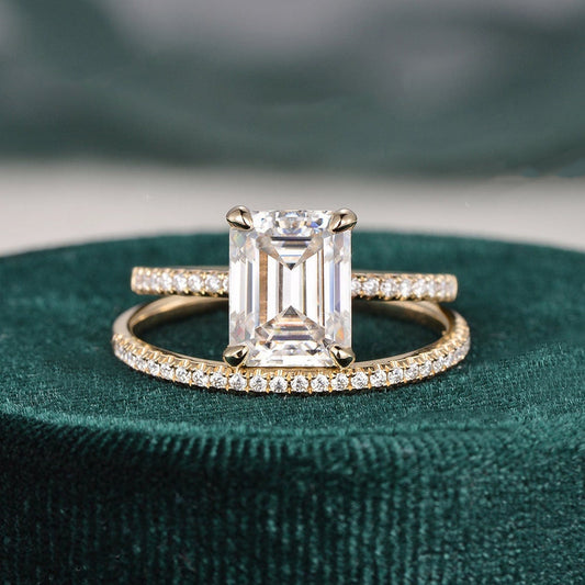 1.50 CT Emerald Cut Hidden Halo Moissanite Bridal Ring Set
