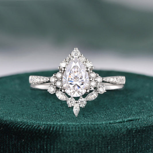 1.50 CT Pear Cut Cluster Art Deco Moissanite Bridal Ring Set