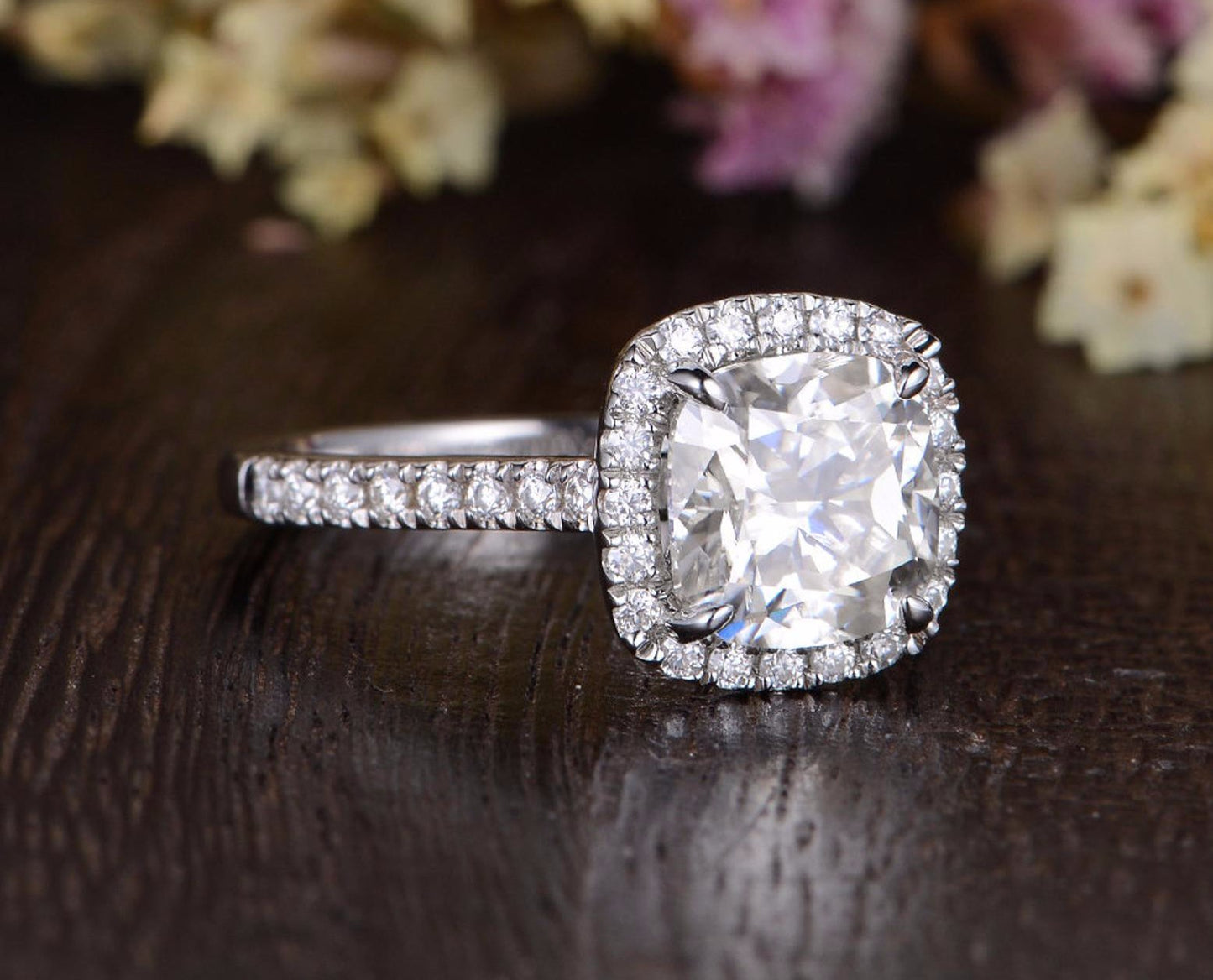 1.0 CT Cushion Cut Halo Moissanite Engagement Ring