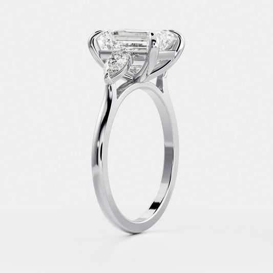 Emerald: Three Stone Cathedral Lab Grown Diamond Engagement Ring