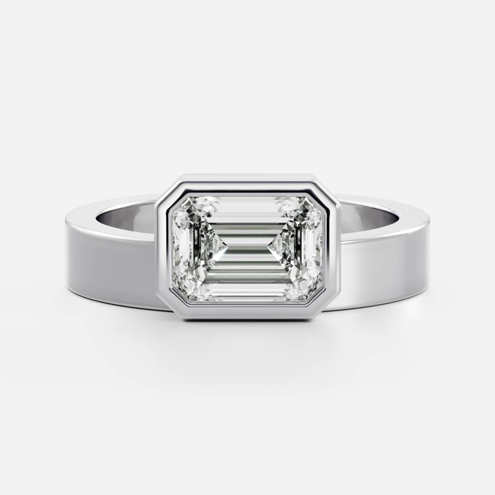 East-West Emerald: Chunky Bezel Solitarie Lab Grown Diamond Engagement Ring