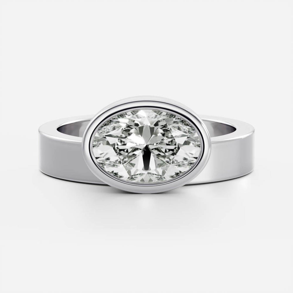 East-West Oval: Chunky Bezel Solitaire Lab Grown Diamond Engagement Ring