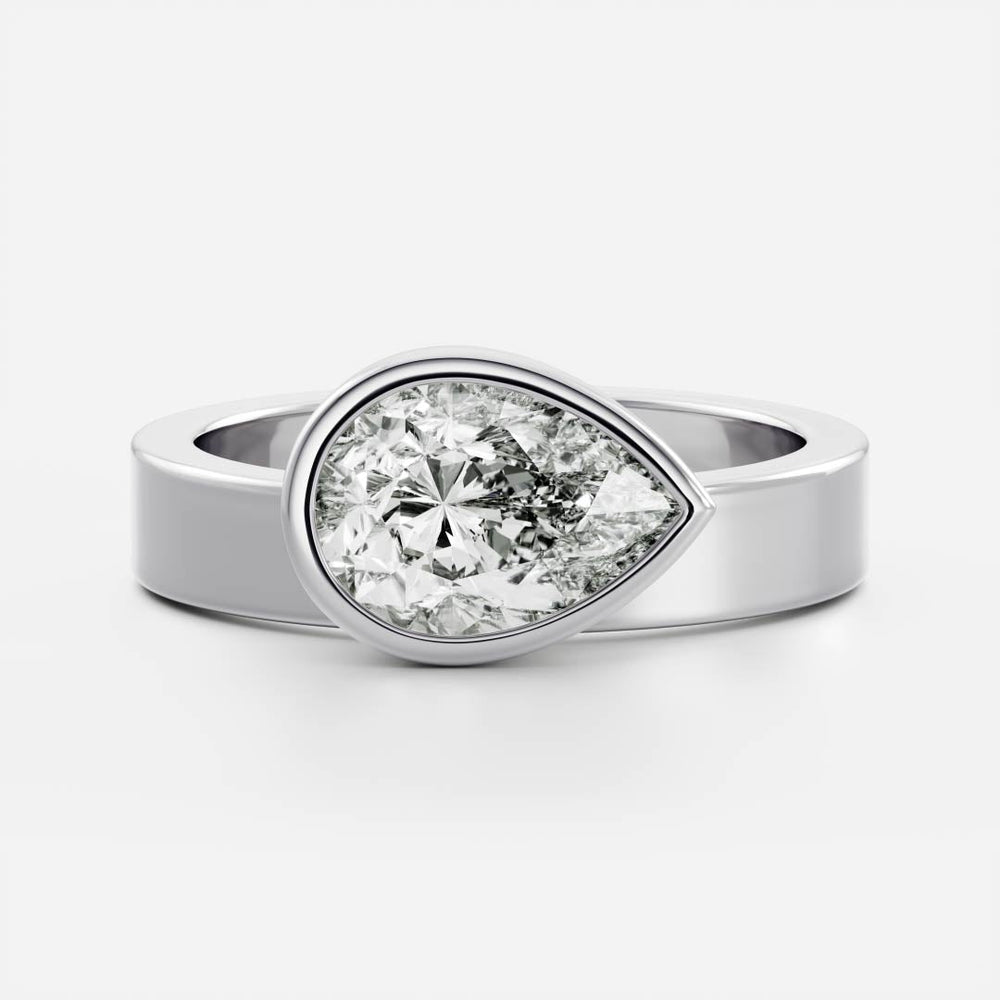 East-West Pear: Chunky Bezel Solitaire Lab Grown Diamond Engagement Ring