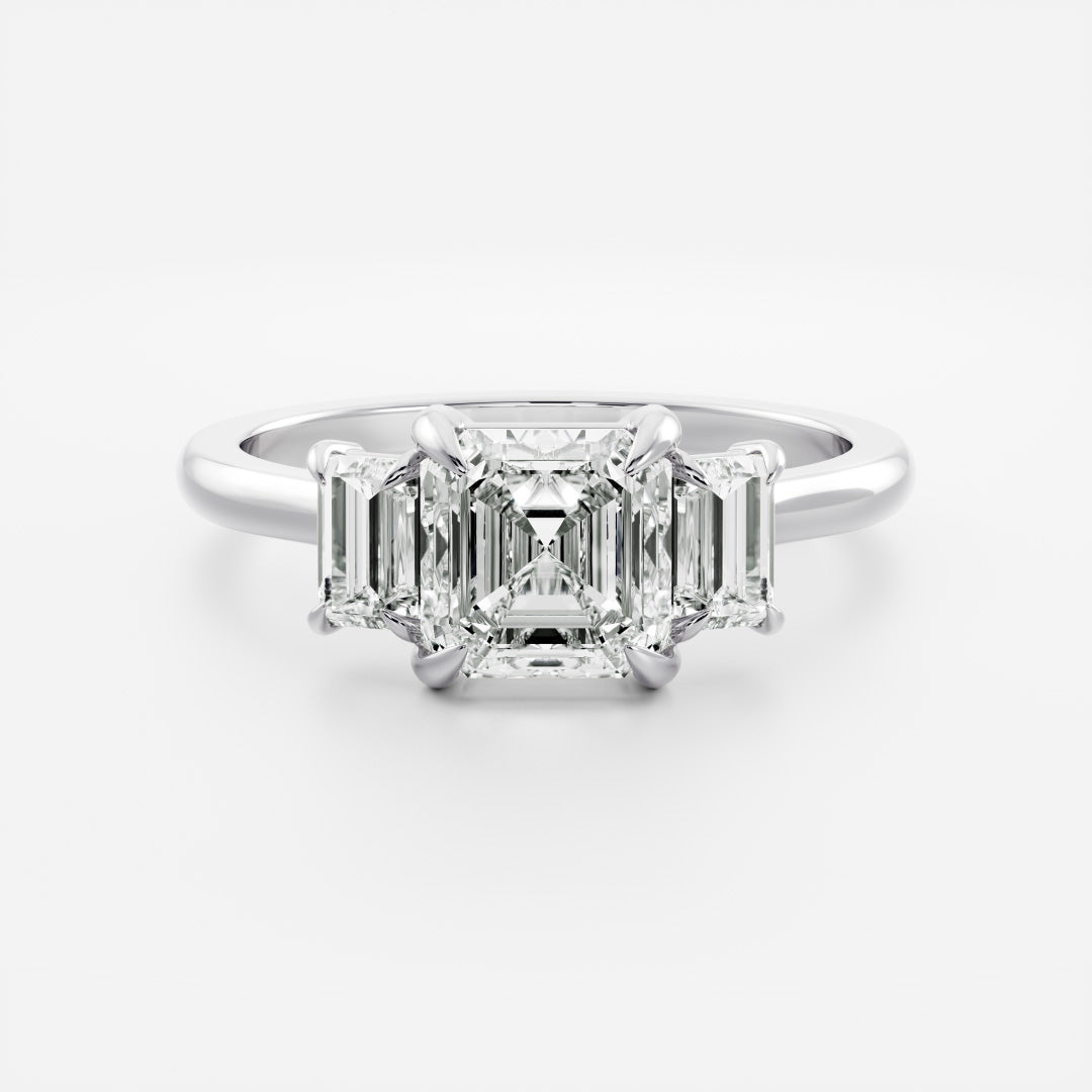 2 CT Asscher: Three Stone Lab Grown Diamond Engagement Ring