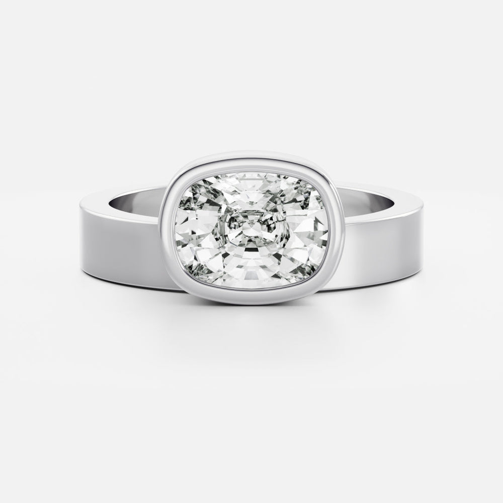 East-West Elongated Cushion: Chunky Bezel Solitarie Lab Grown Diamond Engagement Ring