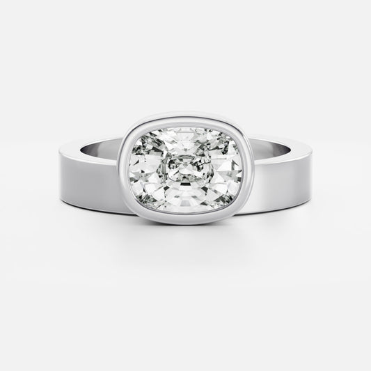 East-West Elongated Cushion: Chunky Bezel Solitarie Lab Grown Diamond Engagement Ring
