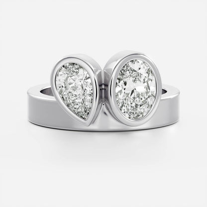 3 CT Oval & Pear: Chunky Toi Et Moi Bezel Lab Grown Diamond Engagement Ring