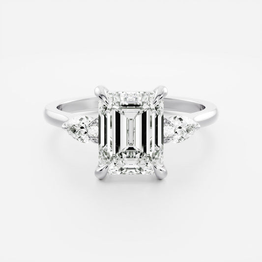 Emerald: Three Stone Cathedral Lab Grown Diamond Engagement Ring