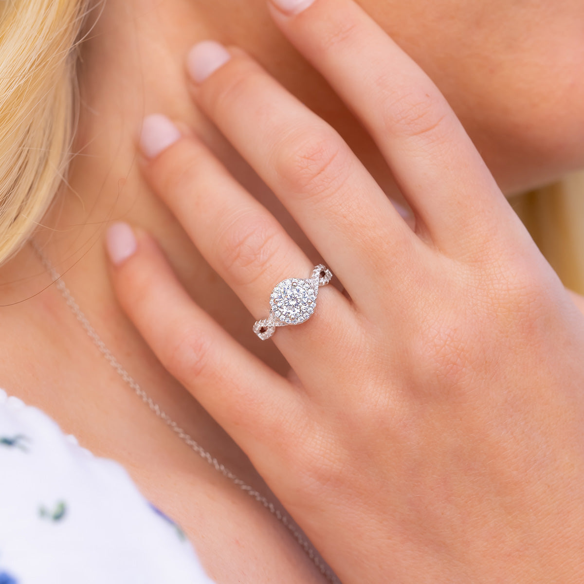 1.50 CT Oval Cut Halo Twisted Pave Moissanite Engagement Ring