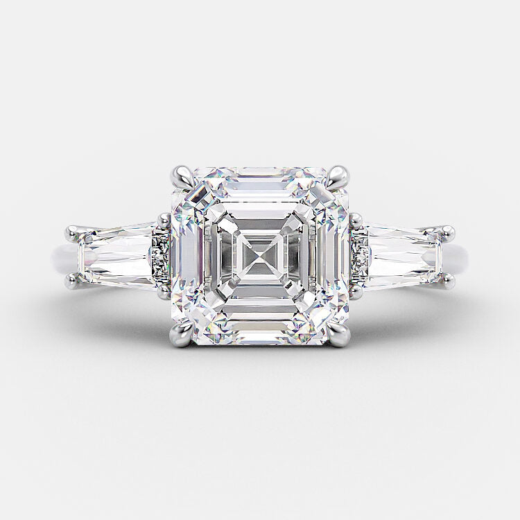 2.03 CT Asscher Cut Three Stone Moissanite Engagement Ring