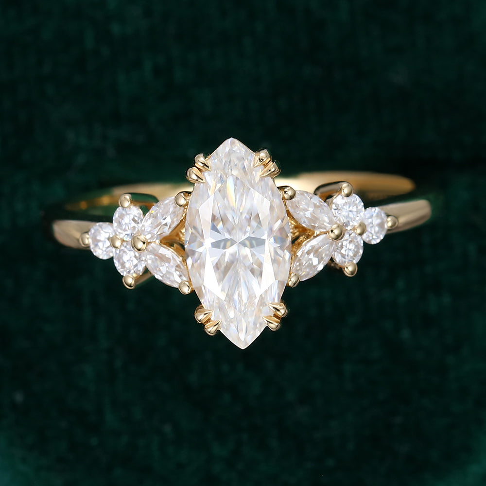 0.90 CT Marquise Shaped Moissanite Cluster Engagement Ring