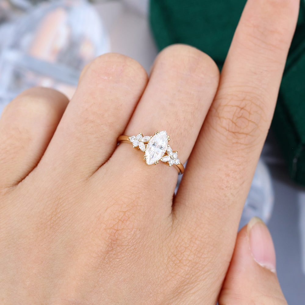 0.90 CT Marquise Shaped Moissanite Cluster Engagement Ring