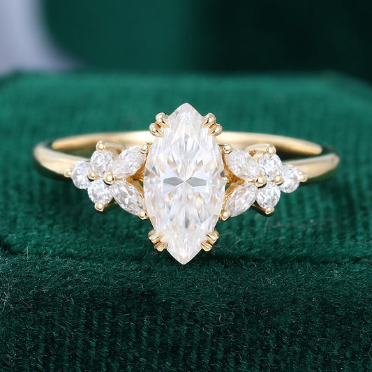 0.90 CT Marquise Shaped Moissanite Cluster Engagement Ring