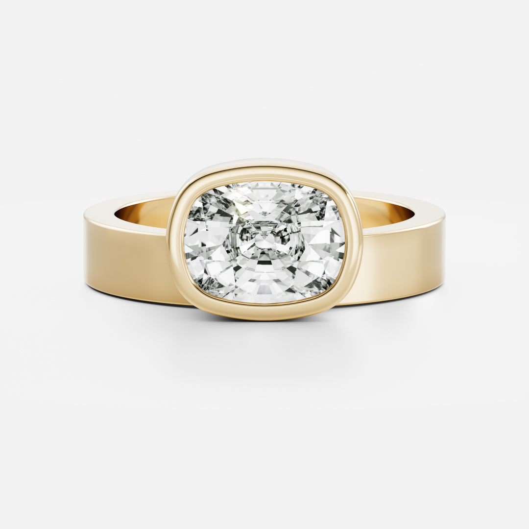 East-West Elongated Cushion: Chunky Bezel Solitarie Lab Grown Diamond