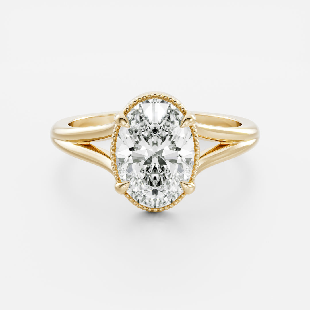 2.5 CT Oval: Pronged Bezel Split Shank Lab Grown Diamond Engagement Ring