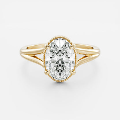 2.5 CT Oval: Pronged Bezel Split Shank Lab Grown Diamond Engagement Ring
