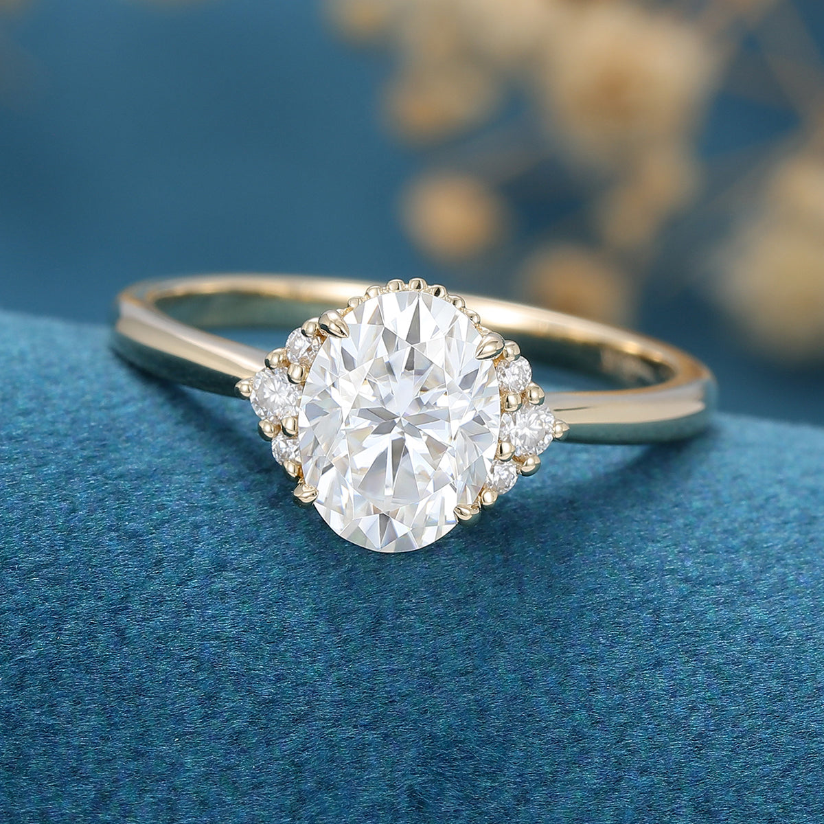 1.33 CT Oval Shaped Moissanite Cluster Engagement Ring