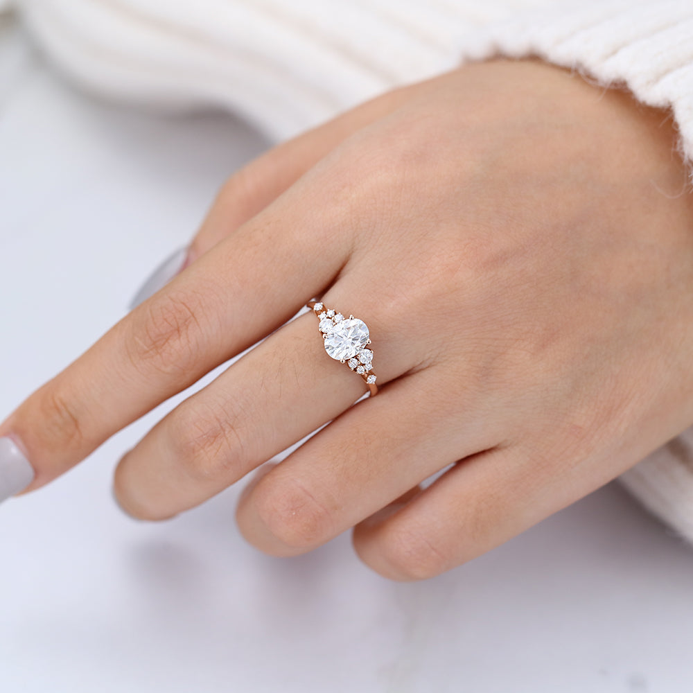 1.33 CT Oval Shaped Moissanite Cluster Engagement Ring