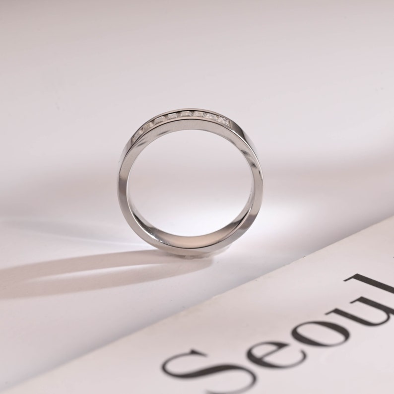 Delicate Moissanite Band with 0.20 TCW Emerald Cut Stones in Solid Gold 8