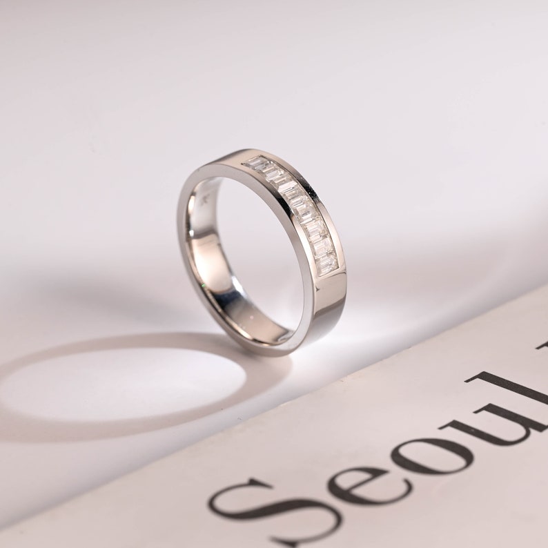 Delicate Moissanite Band with 0.20 TCW Emerald Cut Stones in Solid Gold 7
