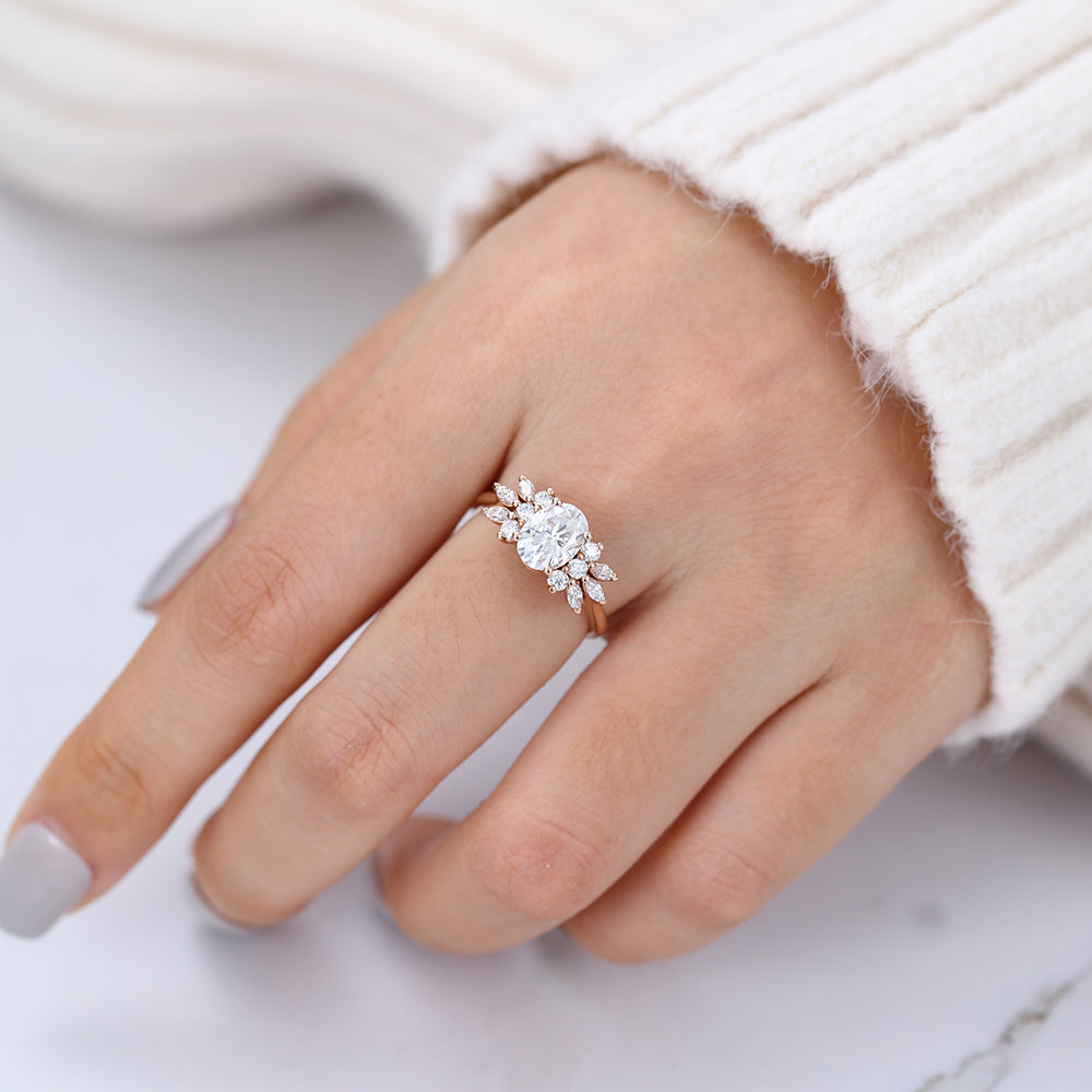 1.33 CT Oval Shaped Moissanite Cluster Engagement Ring