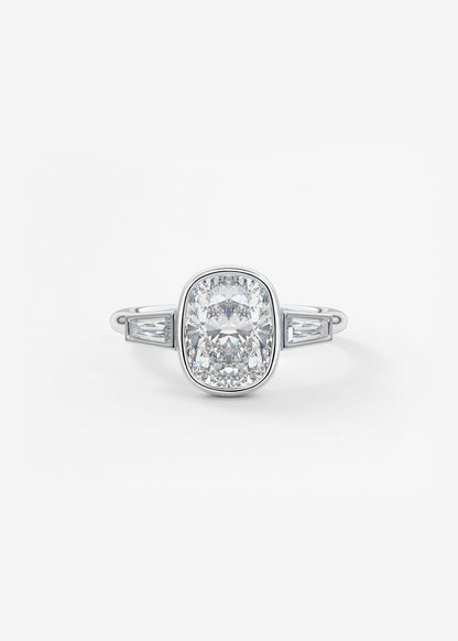 Elongated Cushion Three Stone Bezel Lab Grown Diamond Engagement Ring