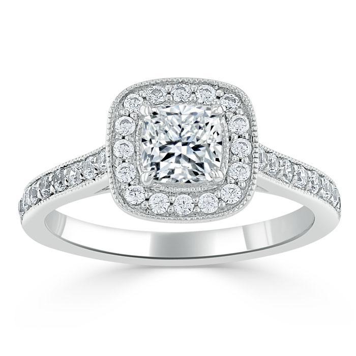 1.0 CT Cushion Cut Moissanite Halo Channel Pave Engagement Ring