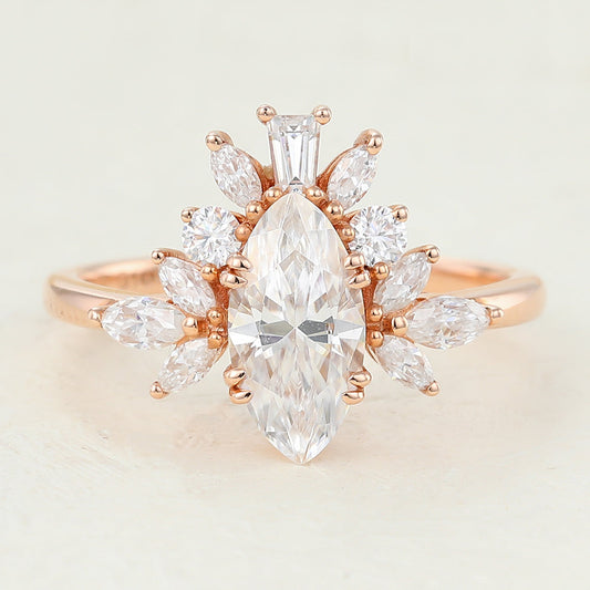 0.90 CT Marquise Shaped Moissanite Cluster Engagement Ring